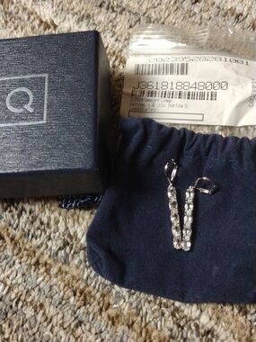 Q Logo Sterling Crystal Drop Earrings in Navy Pouch